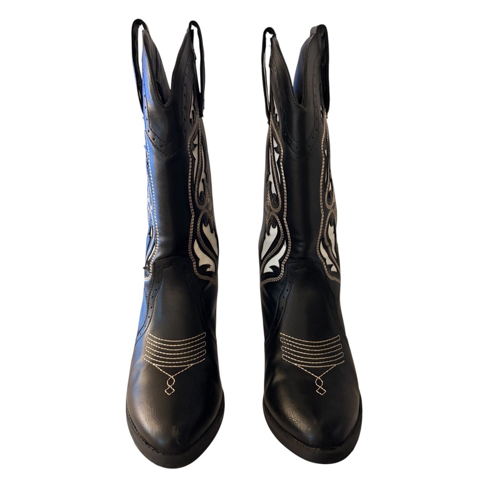 NEW Black White Western Cowboy Boots Size 8.5 Embroidered Pointed Toe